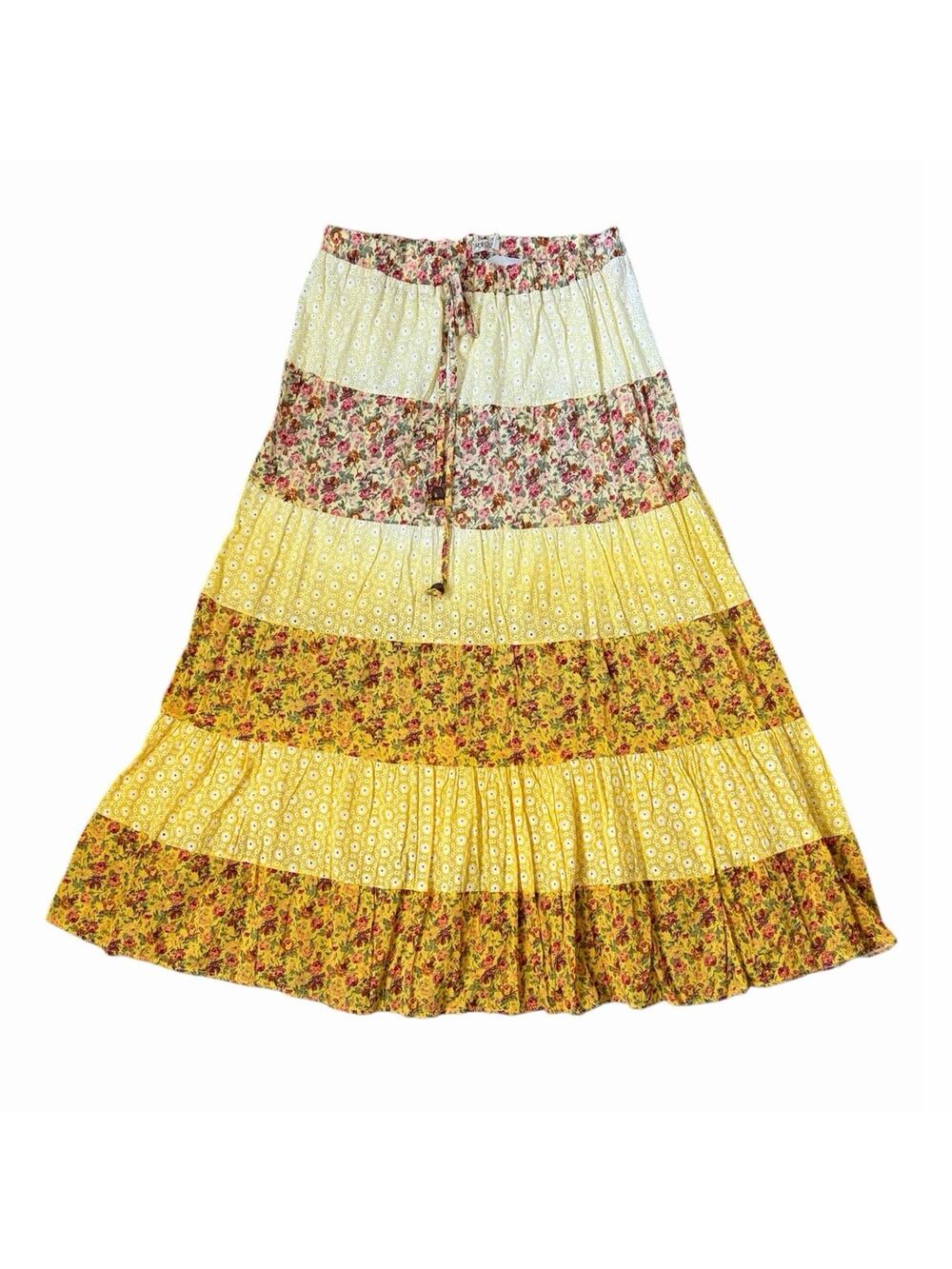 Magic Tiered Ombré Floral 100% Cotton Pull On Maxi Skirt Boho Cottagecore Fairy